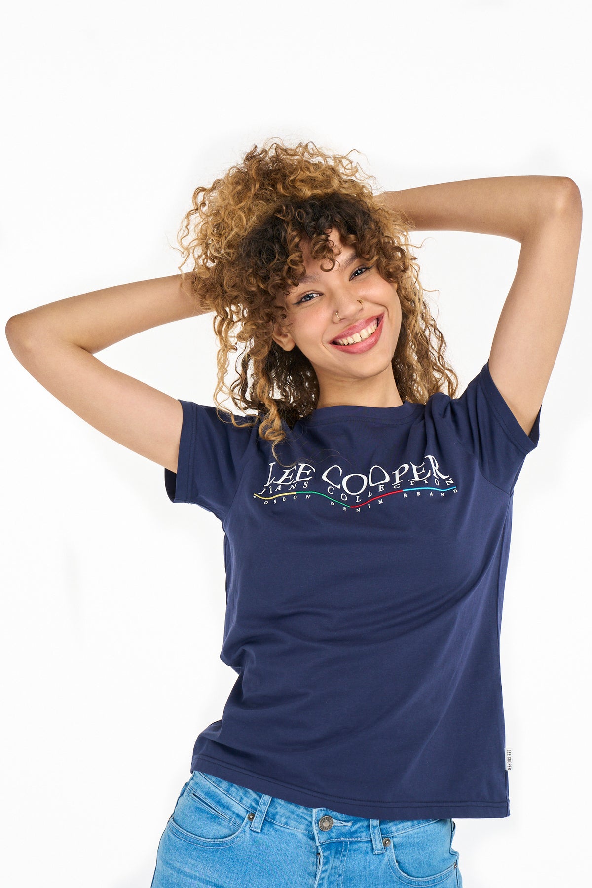 Navy women's T-shirt by Lee Cooper with a classic crew neck and short sleeves, displayed flat on a white background.