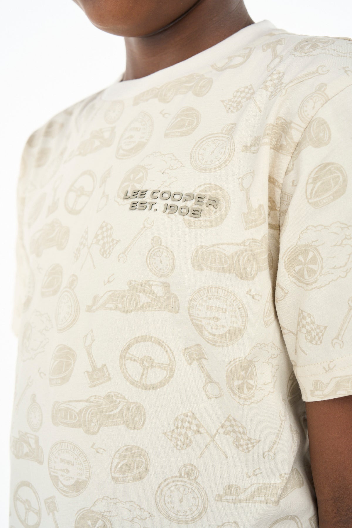 Beige Lee Cooper Zola boys' T-shirt for kids, casual cotton tee with logo detail, shown on a child.