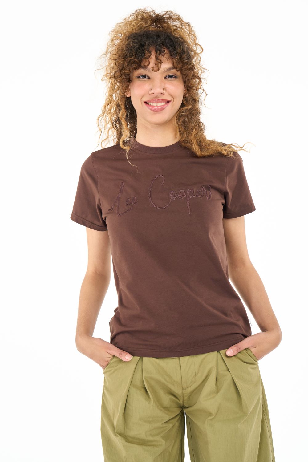 Brown Lee Cooper Zinnia women's T-shirt featuring a relaxed fit and casual style, shown on a plain background.