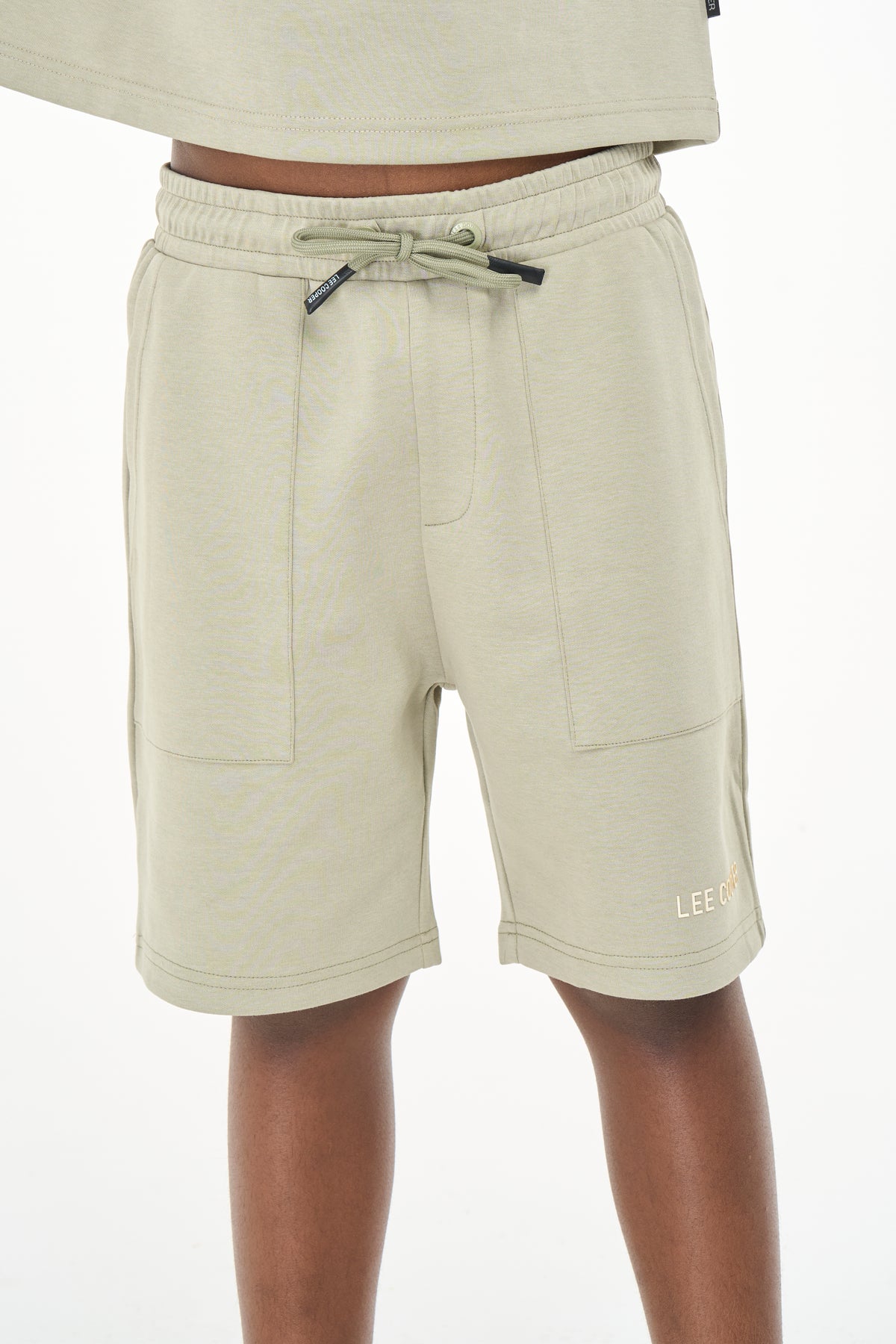 Green Lee Cooper Max boys' shorts, casual kids' Bermuda shorts with a comfortable fit and stylish design.