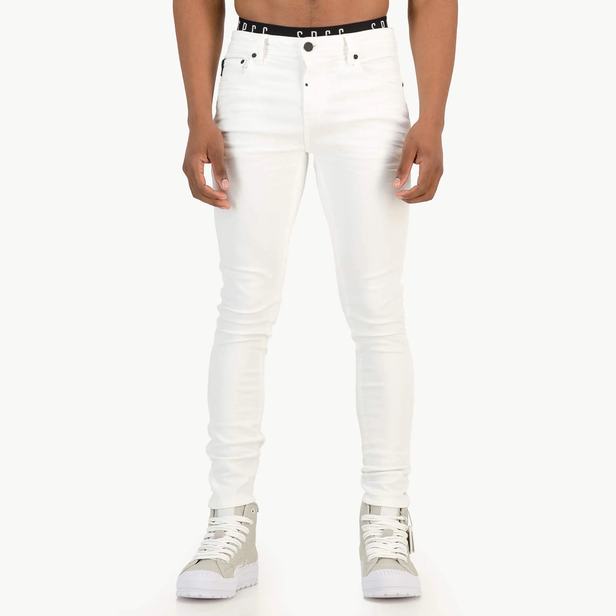 SPCC Shadowfax men's white jeans showing the front view with pockets and belt loops, made from denim fabric.