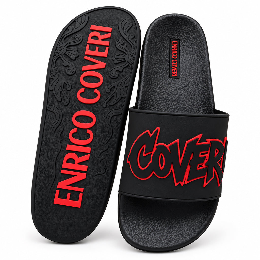 Enrico Coveri men's slide sandals in black and red with open toe design and casual slip-on style.