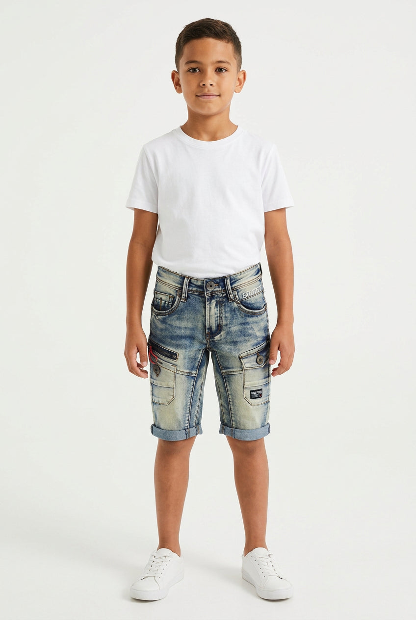 Soviet Kids denim shorts with a short tee, featuring a stain detail, casual kids' bummer style perfect for summer wear.