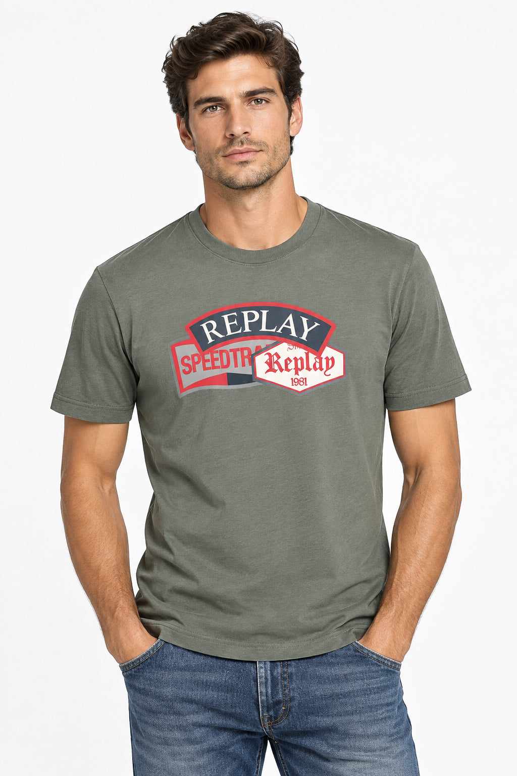 Replay M3223 Aviator Green men's T-shirt featuring a casual fit and aviator graphic design on soft fabric.
