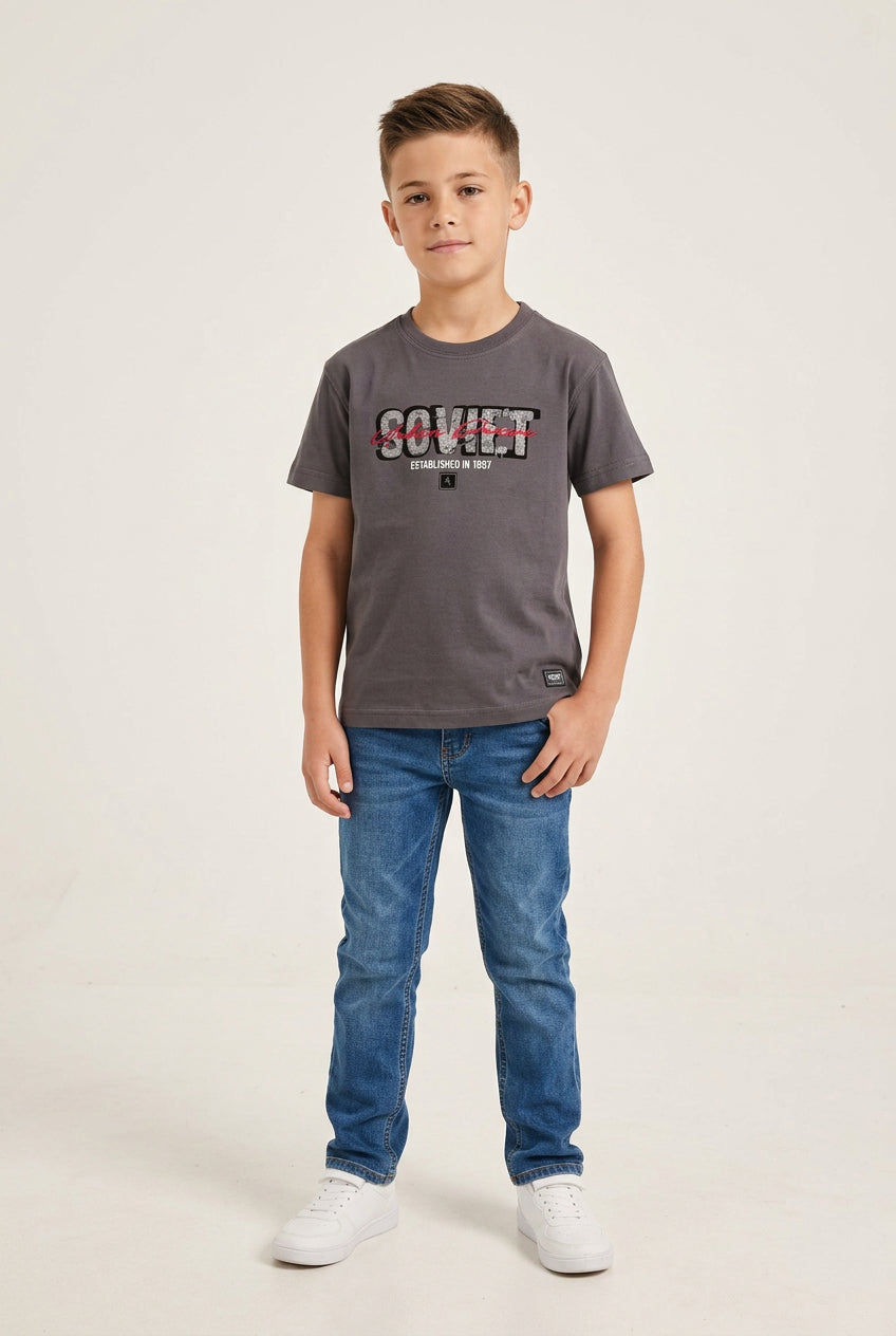 Soviet Kids T-Shirt in anthracite color with Soviet branding, made for children, featuring a comfortable fit and casual style.
