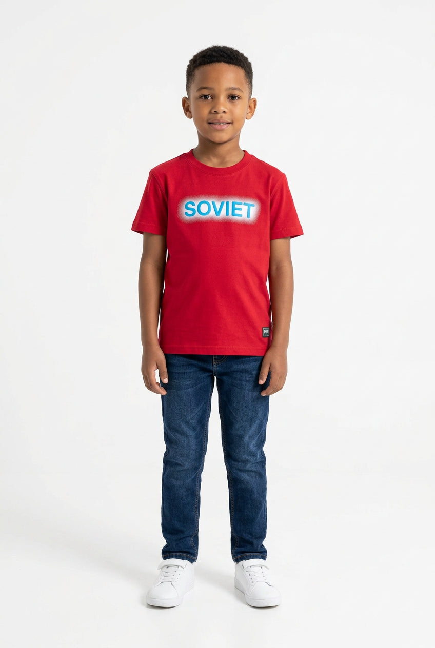 Soviet Snipes Kids Box Tee in red, front view showing classic crew neck and bold Soviet graphic design for kids' T-shirts.