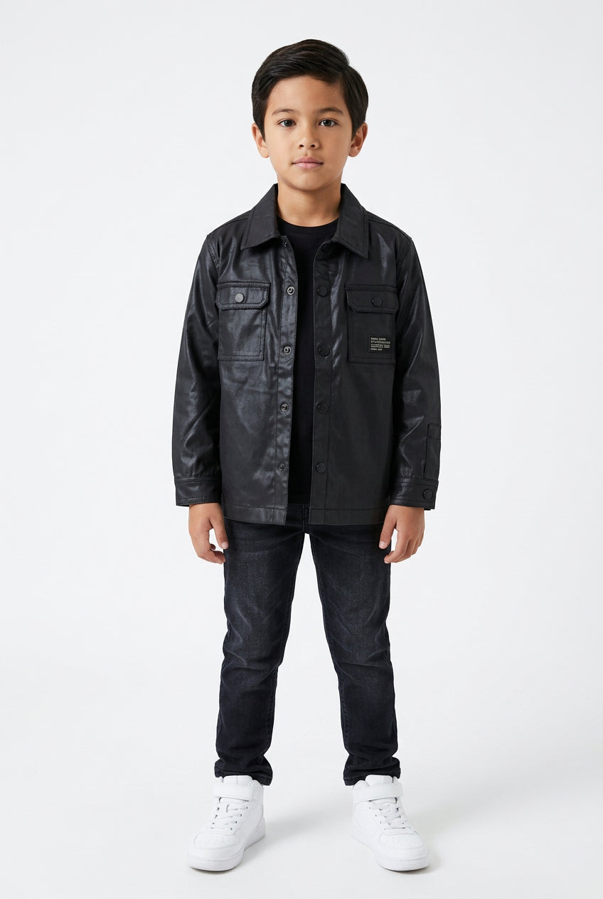 Soviet Woody Kids Coated Shacket in black, a stylish kids' jacket with a coated finish and modern design.