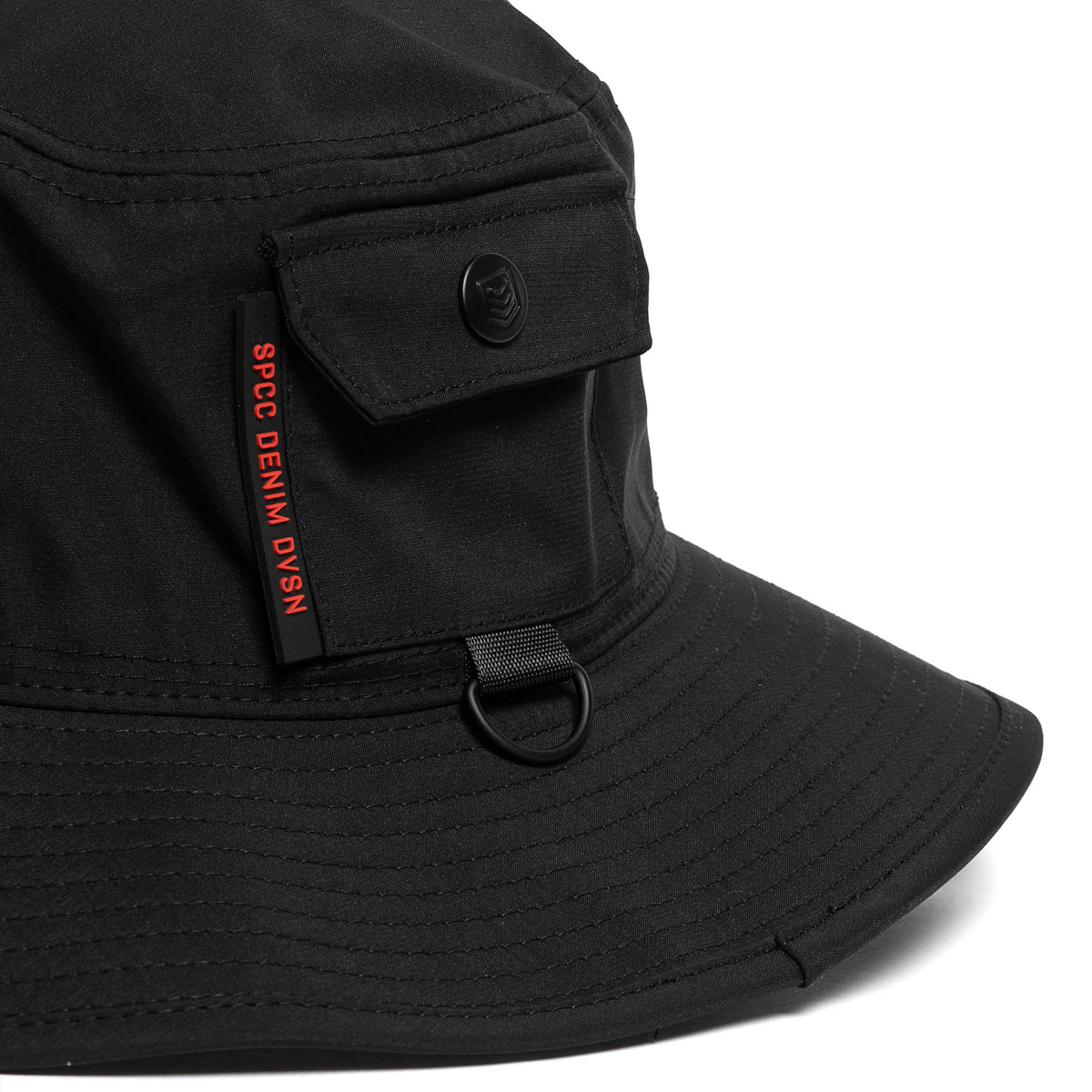Black SPCC Recuit II bucket hat for men, stylish headwear with a wide brim and casual design, shown on a plain background.