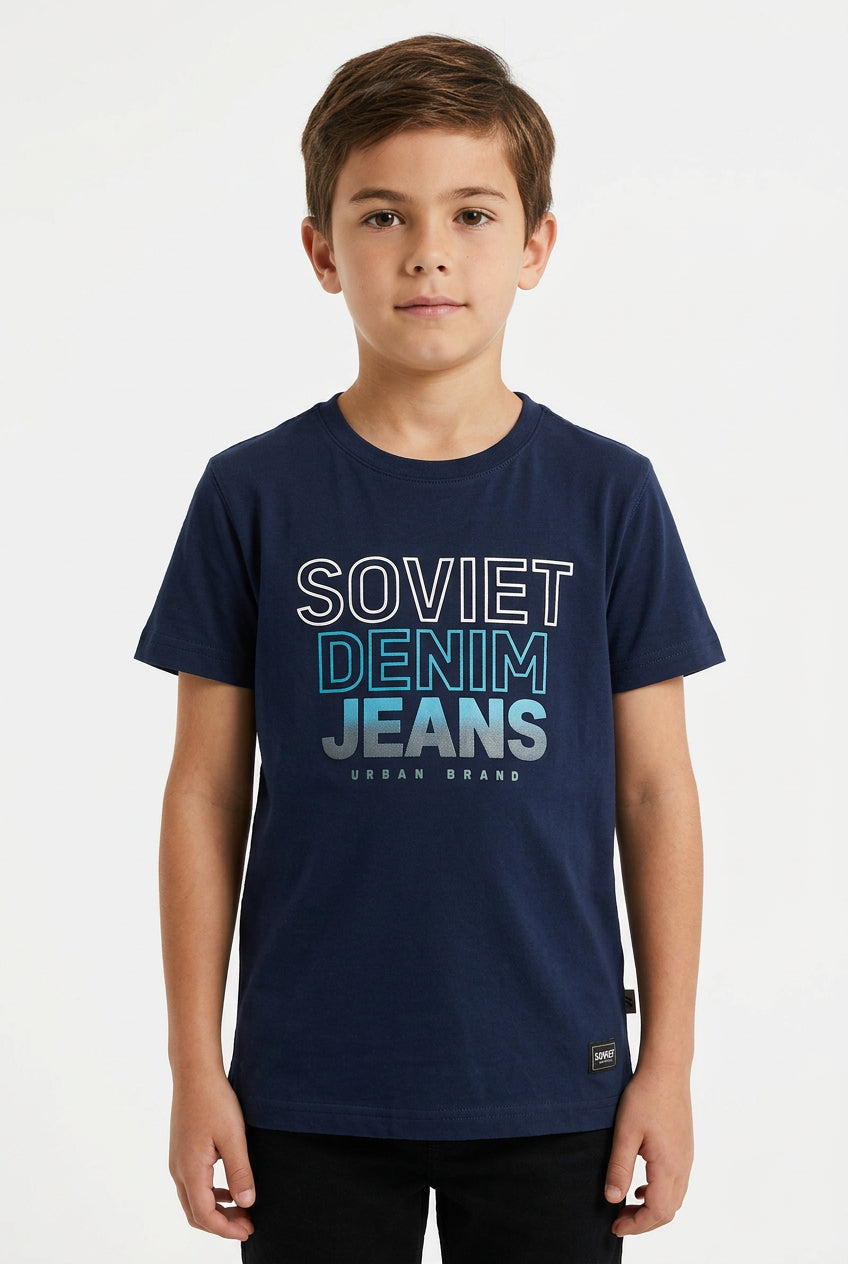 Navy Soviet Beatty kids' T-shirt with graphic print, made of soft cotton, featuring a casual and comfortable fit for children.