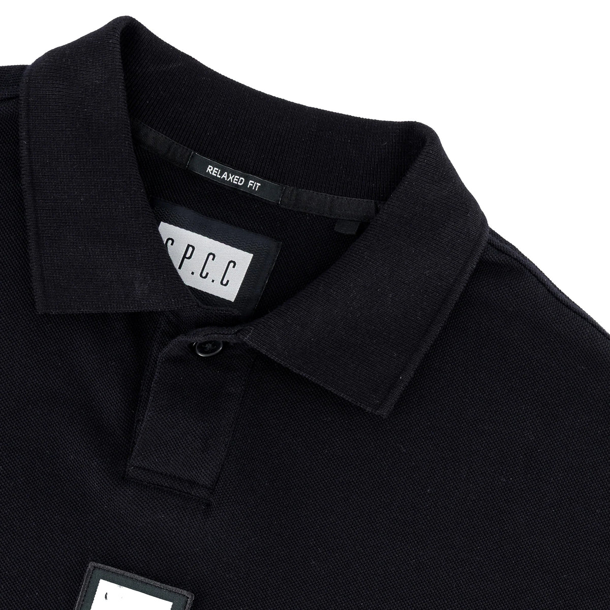 Men's black golfer shirt by SPCC, featuring a sleek design and comfortable fit, perfect for casual or golf wear.
