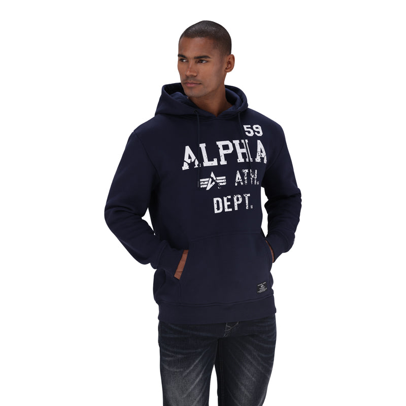 Navy Alpha ATH Dept men's hoodie with front pocket and drawstring hood, casual streetwear style.