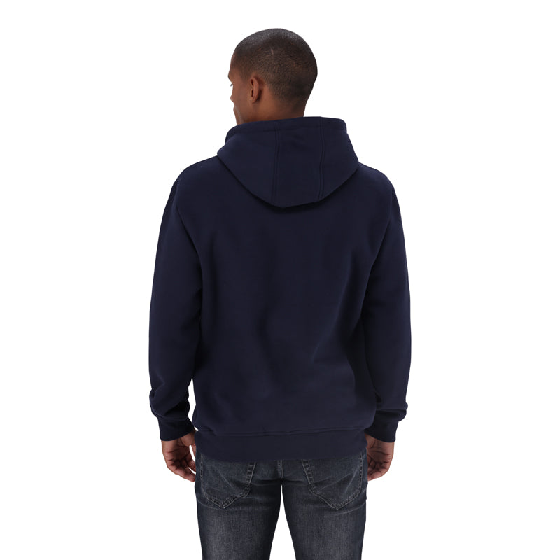 Navy Alpha ATH Dept men's hoodie with front pocket and drawstring hood, casual athletic style, made by Alpha.