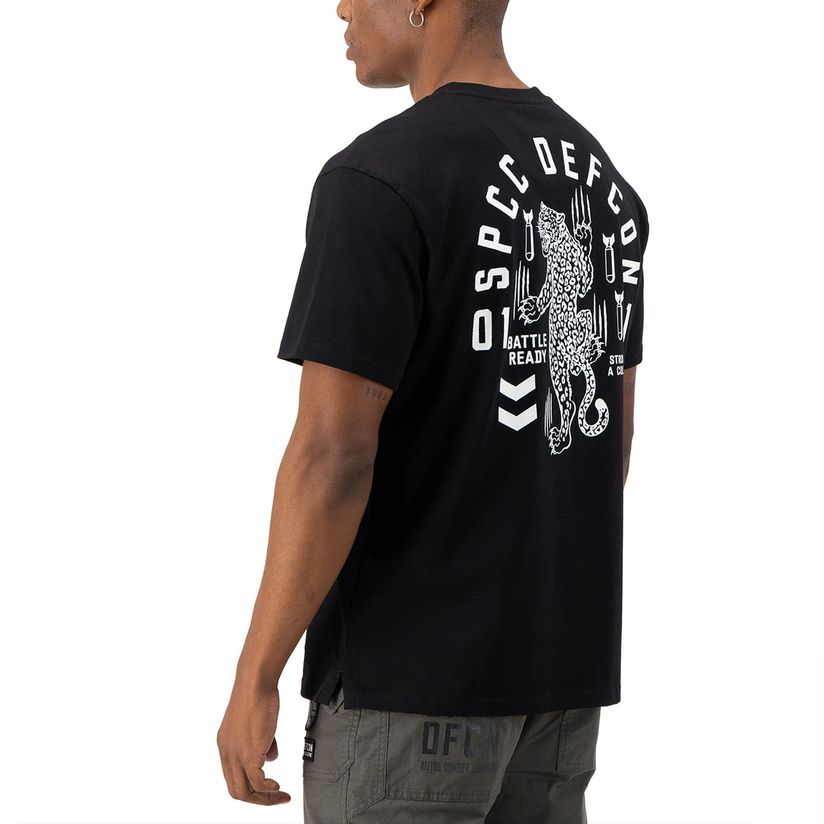 Black SPCC DEFCON Madra T-shirt for men featuring a casual fit and graphic design, made from soft, comfortable fabric.