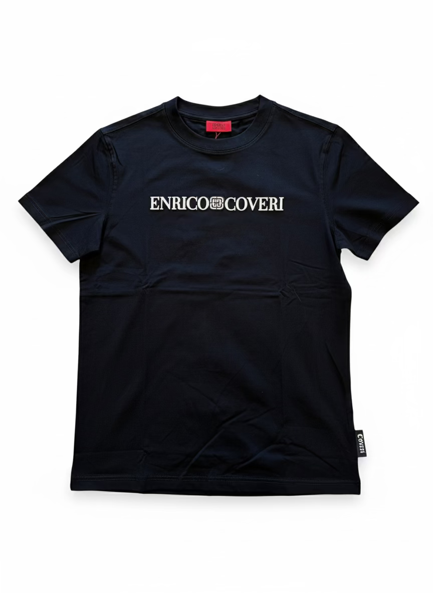 Black t-shirt with 'Enrico Coveri' logo on a textured surface