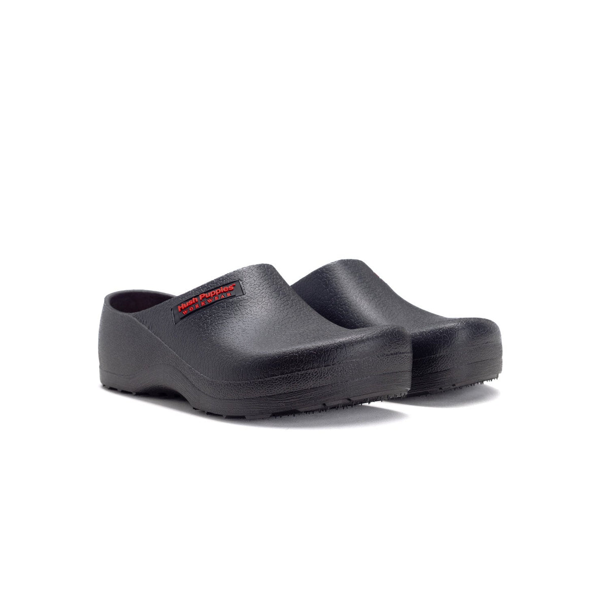 Hush Puppies black workwear clog with slip-on design and durable sole