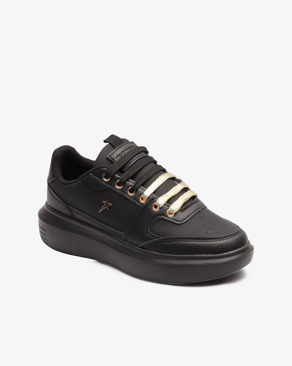 SOVIET Sylvie black mono and gold women's sneakers close-up