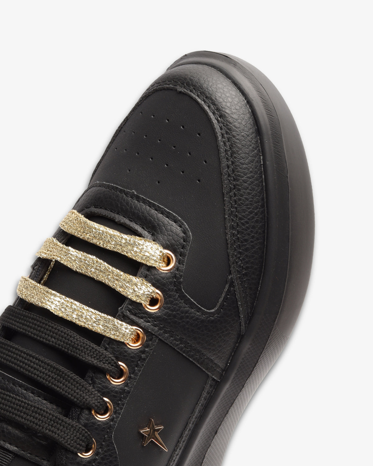 SOVIET Sylvie black mono women's sneakers with gold accents, side view
