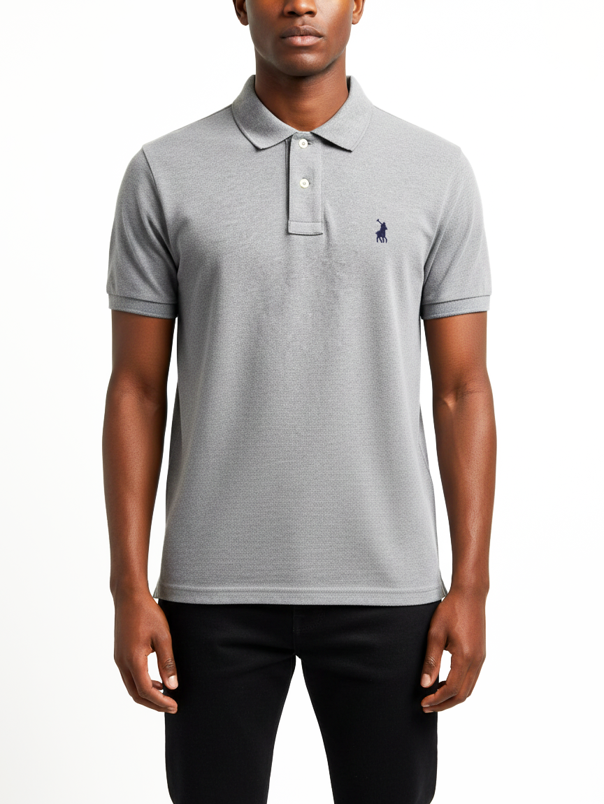 Men's grey Polo Carter Essential Pique short sleeve golfer shirt, made by POLO, featuring a classic pique fabric and comfortable fit.