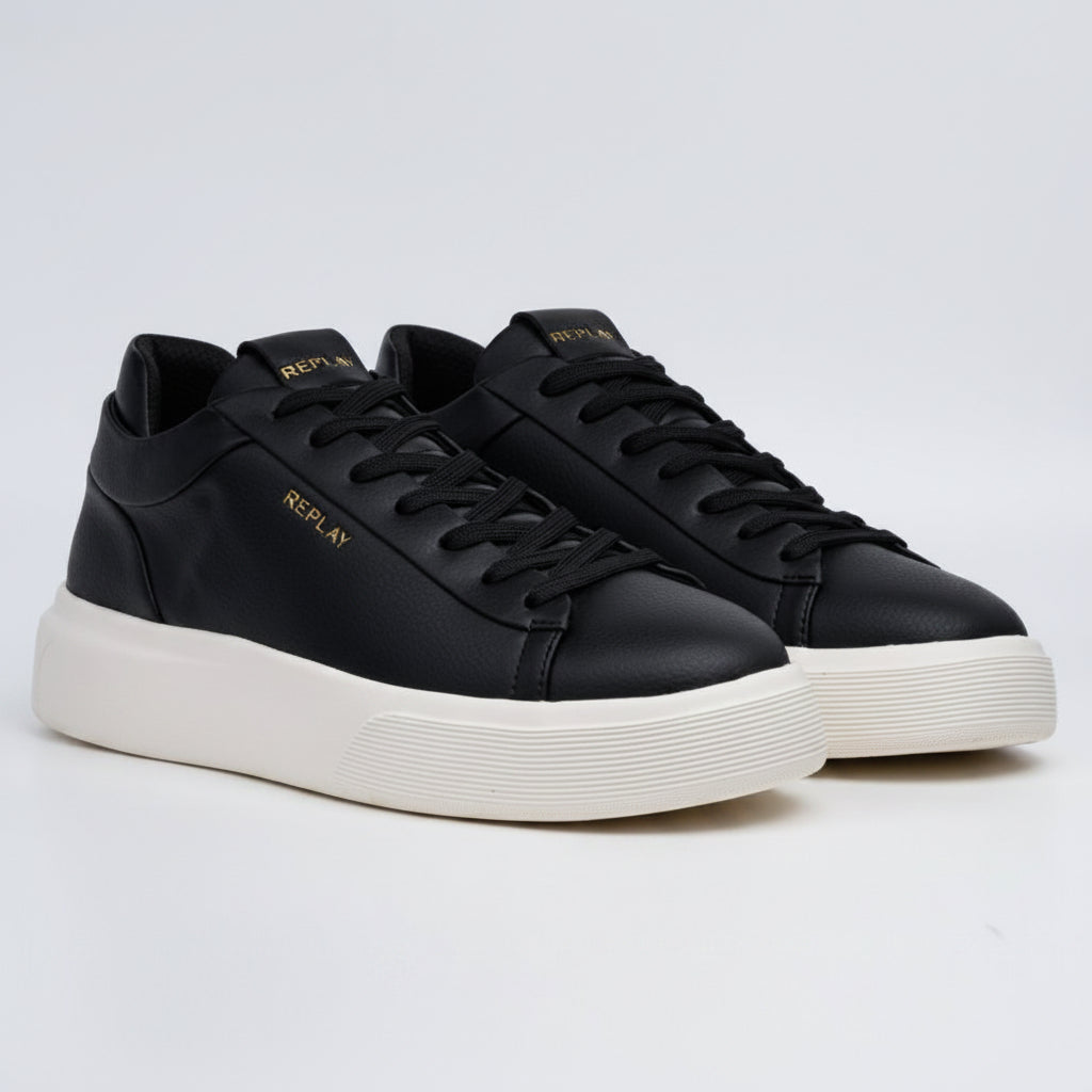 Replay Notting Double Black men's sneakers featuring sleek black leather and stylish lace-up design.