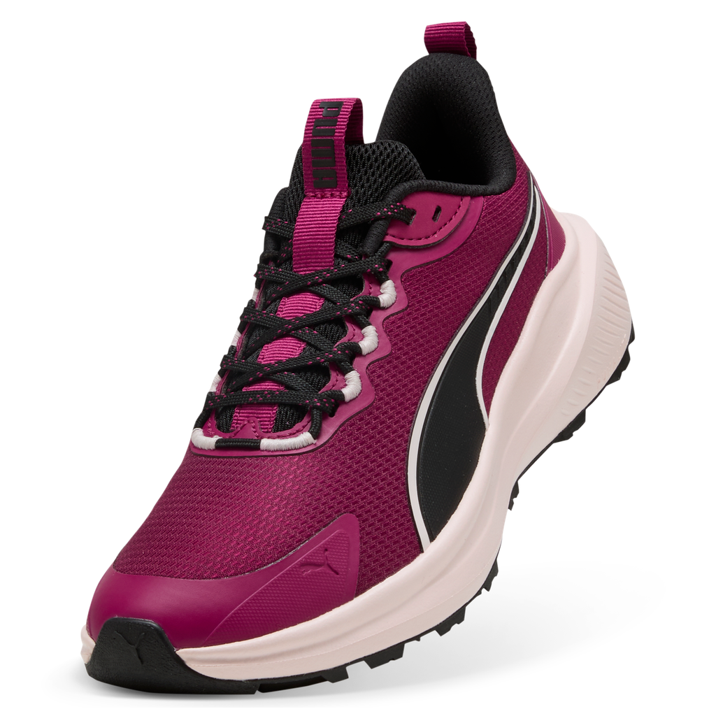 Side view of women's Puma Skyrocket Lite Trail sneakers in berry, black, and jasmine colors, showcasing the sporty design.