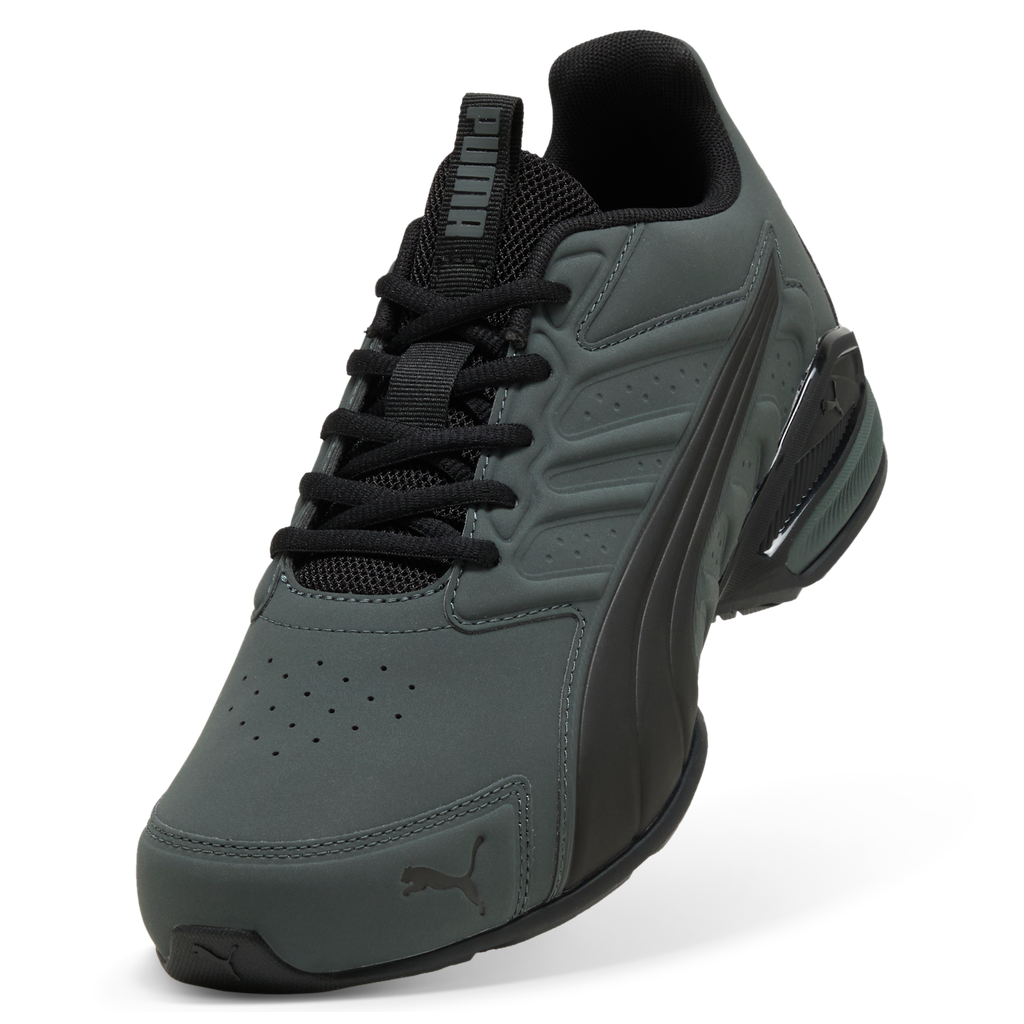 Side view of Puma Electro SL Shadow men's sneakers in grey and black, featuring sleek design and sporty style.