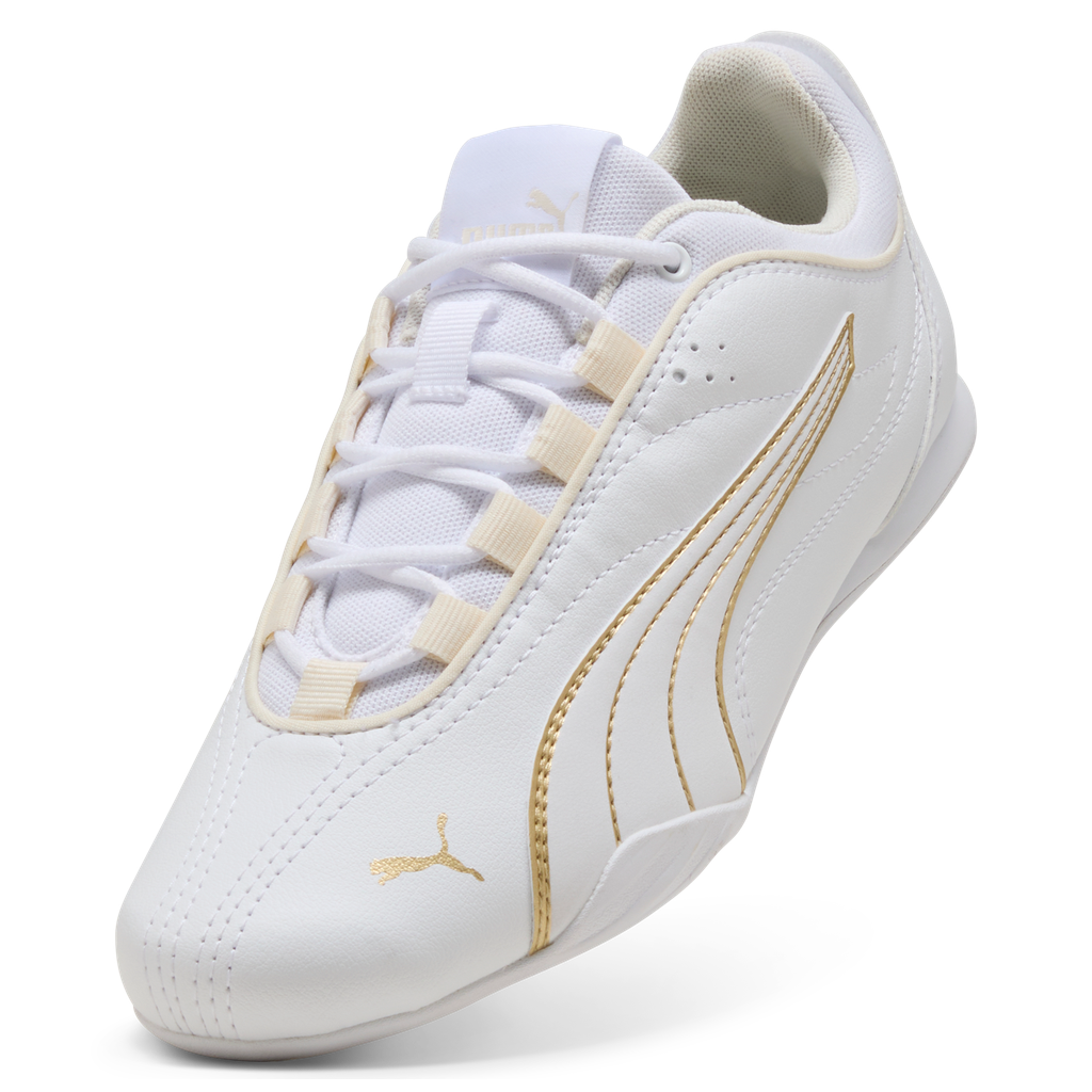 Side view of Puma Catch Soleil women's sneakers in white with gold accents, showcasing sleek athletic style.