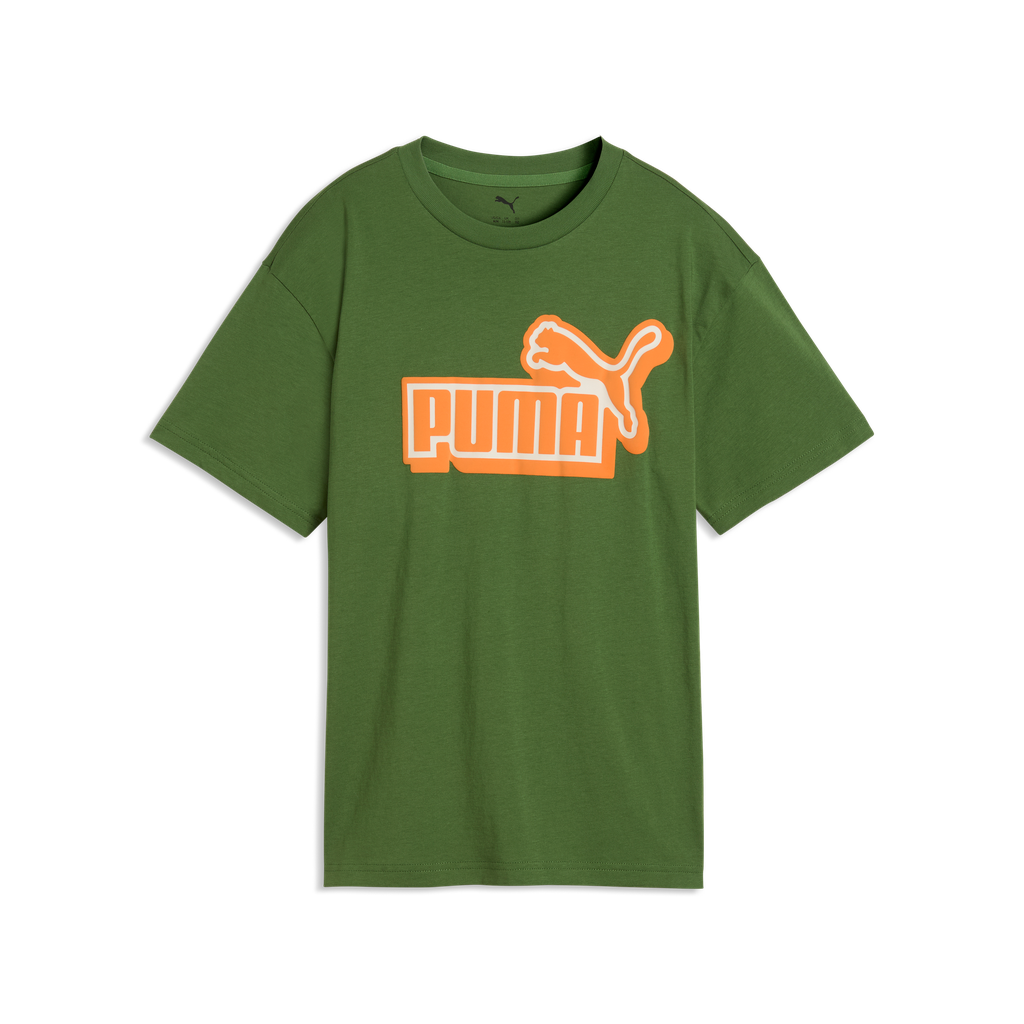 Front view of Puma Kids ESS Logo Lab Tee in earthy green, a stylish PUMA kids' T-shirt with logo detail.