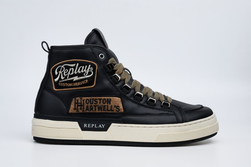 Replay Raily Custom Black men's sneakers featuring black leather and stylish design, front view showing laces and sole detail.