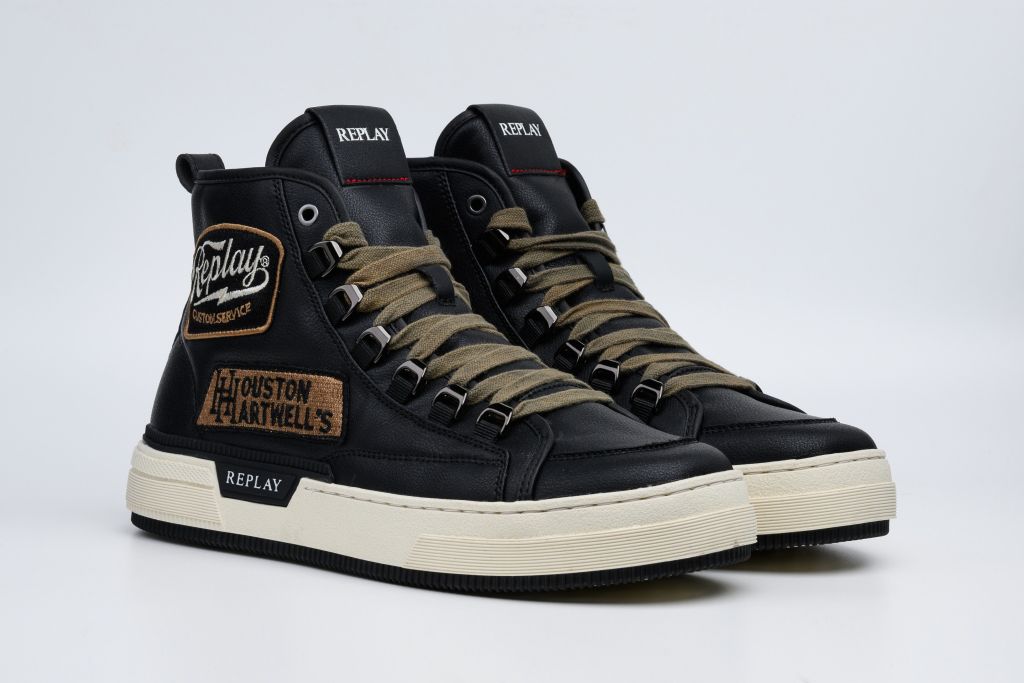 Replay Raily Custom Black men's sneakers with black leather and stylish design, featuring laces and branding details.