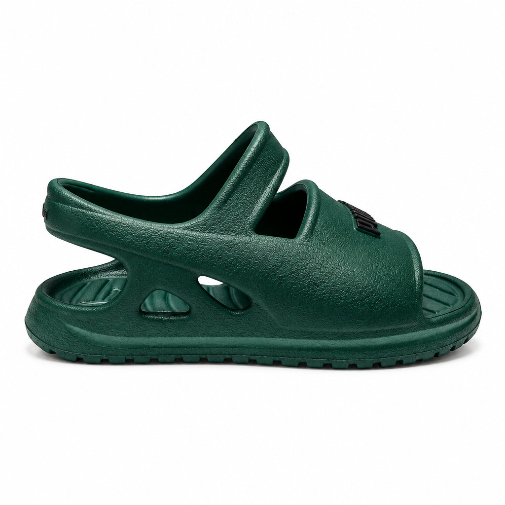 Puma Infants Divecat 2.0 Malachite kids sandals in vibrant green with adjustable straps and cushioned soles.