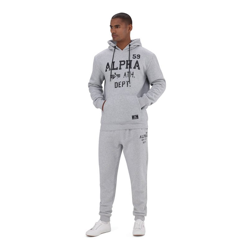 Men's Alpha ATH Dept Hoodie in melange fabric, featuring a relaxed fit with a hood and front pocket for casual comfort.