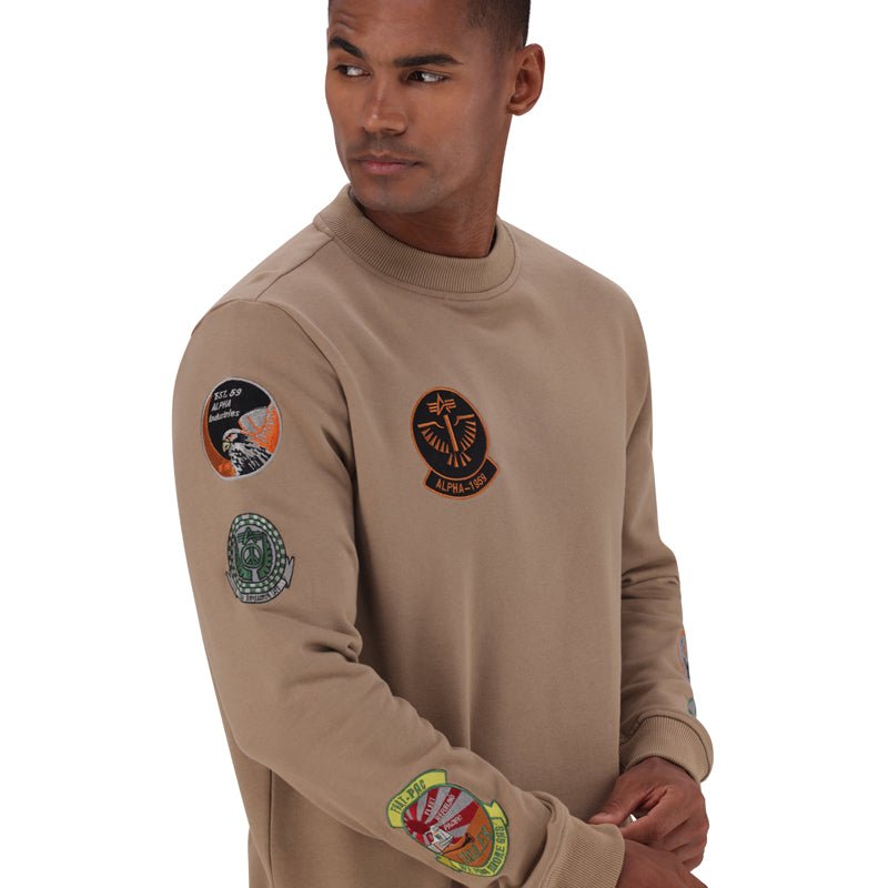 Beige Alpha Flying 59 crew sweatshirt for men, made by Alpha, featuring a comfortable crewneck design and casual fit.