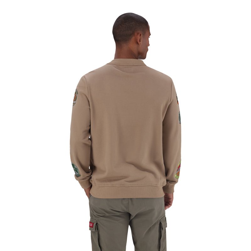 Beige Alpha Flying 59 Crew Sweat men's sweater with ribbed cuffs and collar, displayed on a plain background.