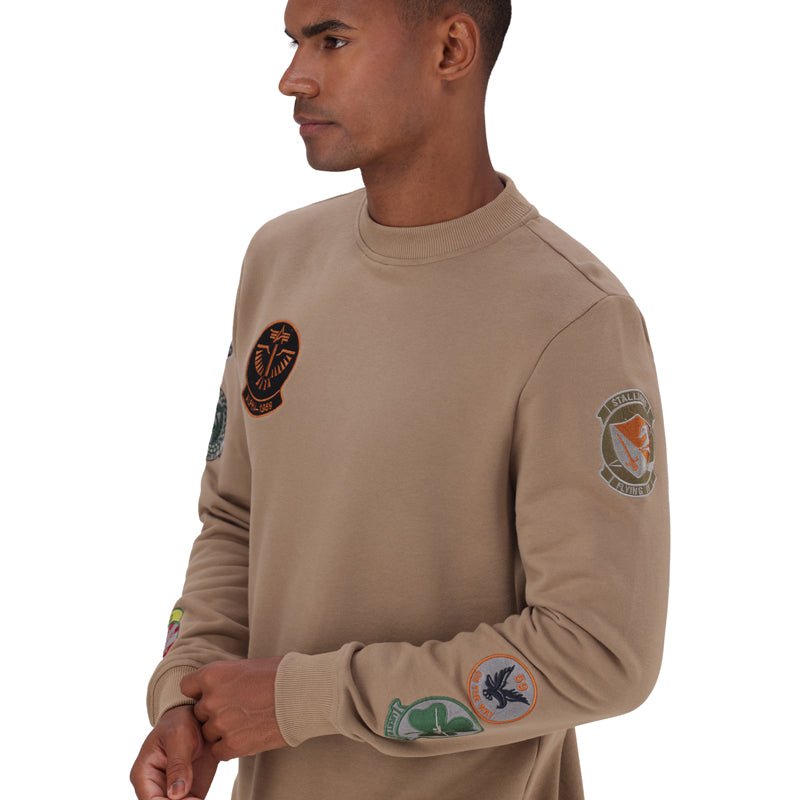 Beige Alpha Flying 59 crew sweatshirt for men, casual crew neck sweater made by Alpha, displayed on a neutral background.