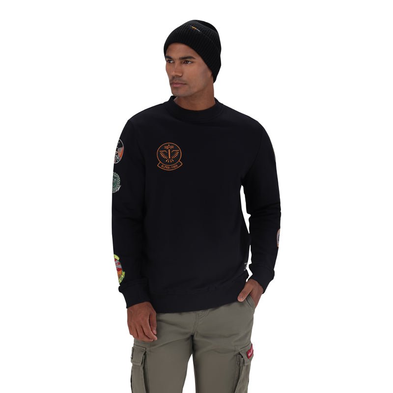 Black Alpha Flying 59 Crew Sweat for men, showing the comfortable crew neck sweater with Alpha branding and relaxed fit.