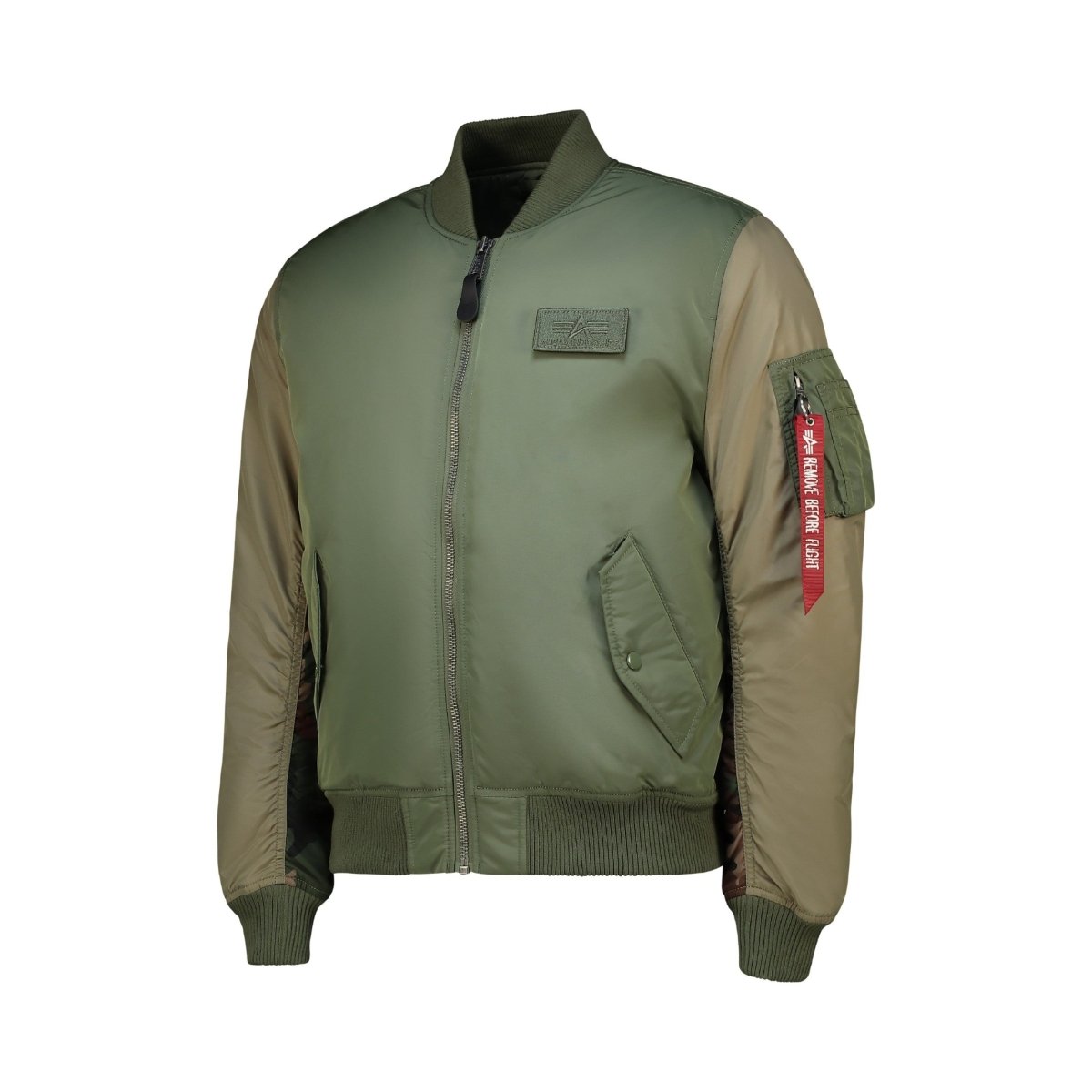 Unisex Alpha MA-1 camouflage embroidered jacket in sage green with ribbed collar and cuffs, front zipper, and patch details.