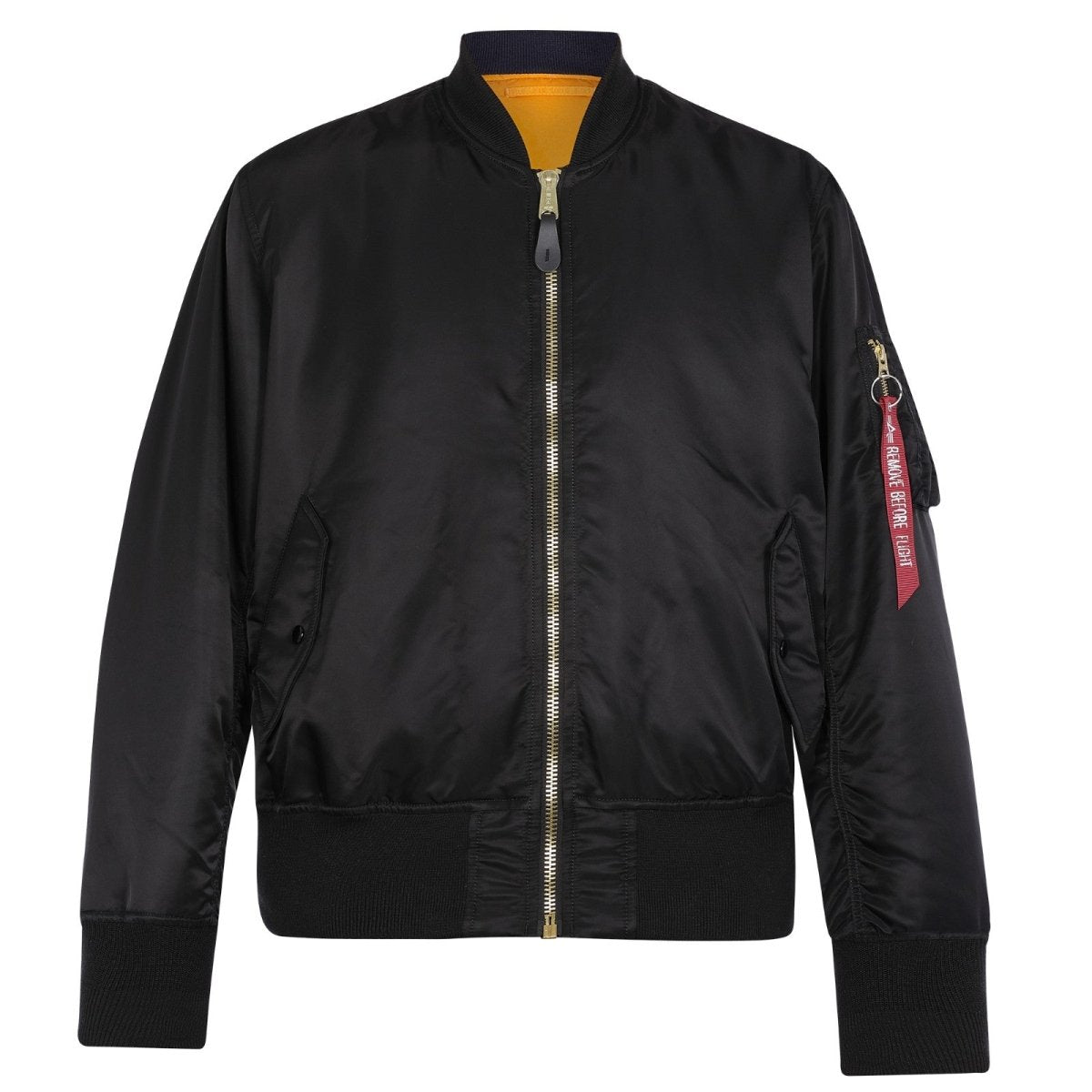 Unisex Alpha MA-1 Classic Black bomber jacket with ribbed cuffs and collar, front zipper, and utility pockets.