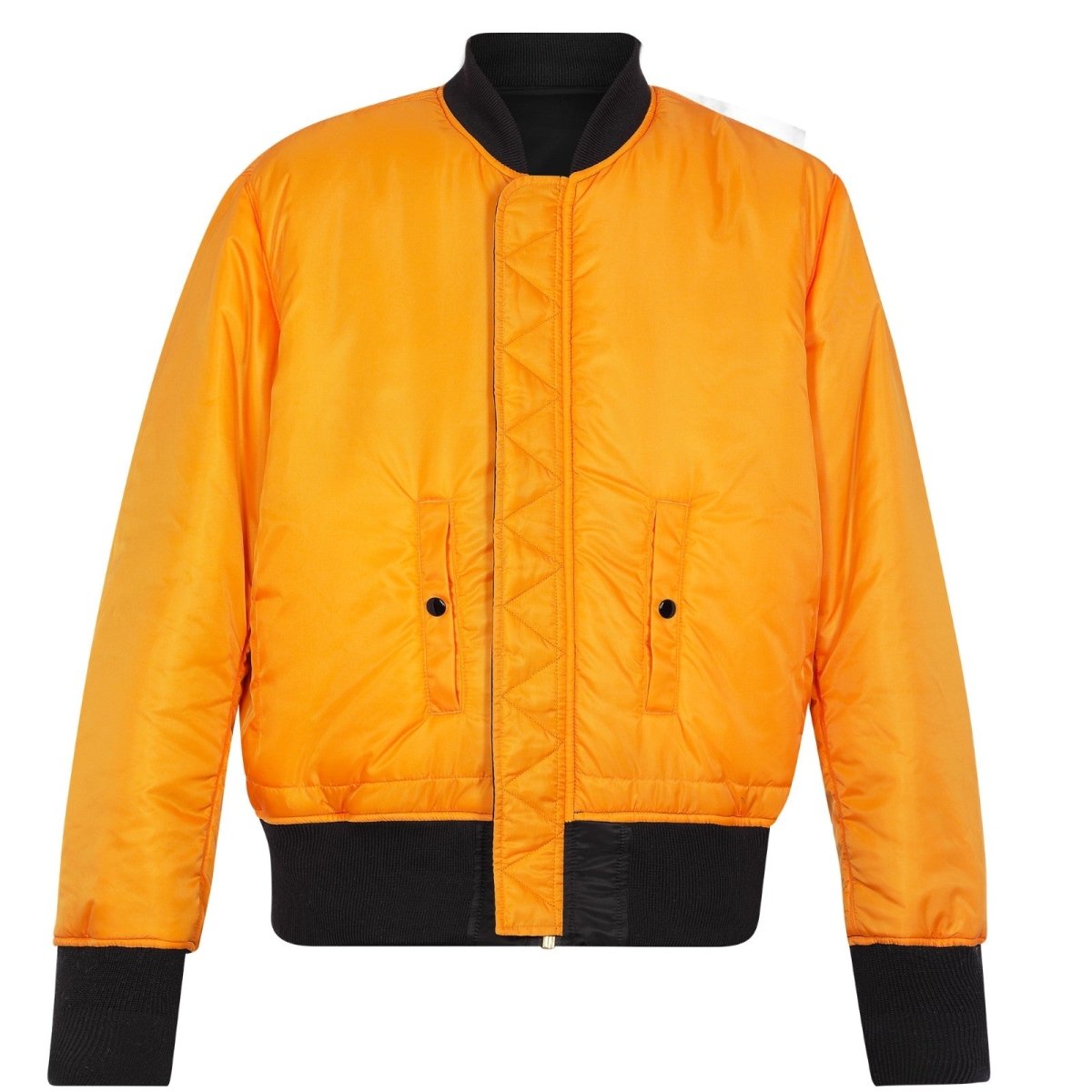 Unisex Alpha MA-1 Classic Black jacket with front zipper and ribbed cuffs, displayed on a hanger.