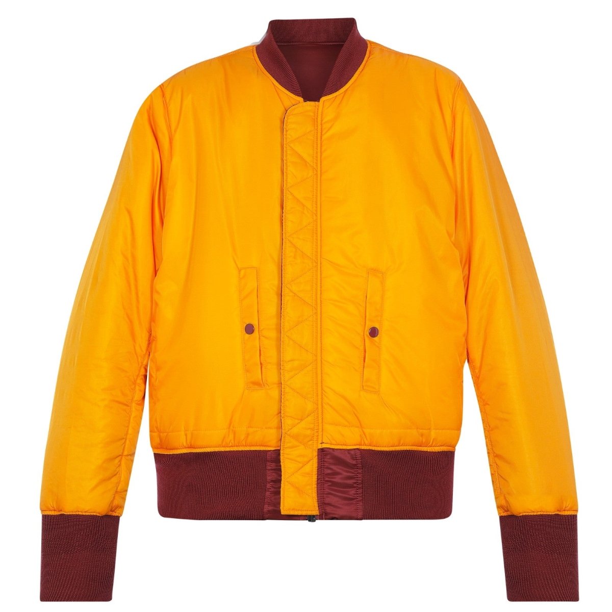 Unisex Alpha MA-1 Classic Jacket in dark cherry with ribbed collar and cuffs, displayed on a hanger.
