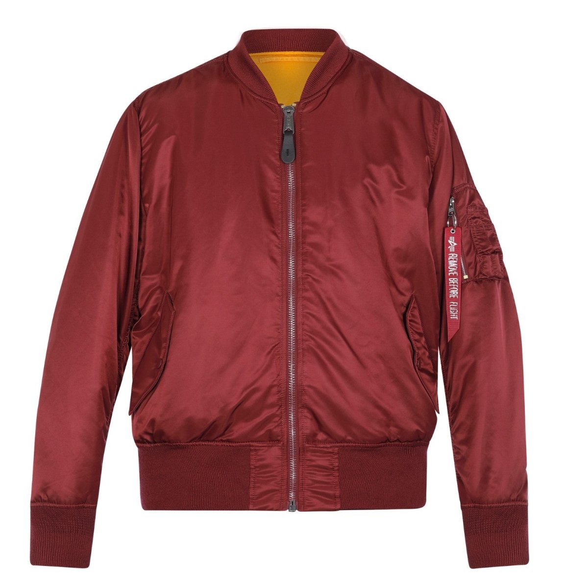 Unisex Alpha MA-1 Classic Jacket in dark cherry color, featuring ribbed cuffs and collar, displayed on a hanger.