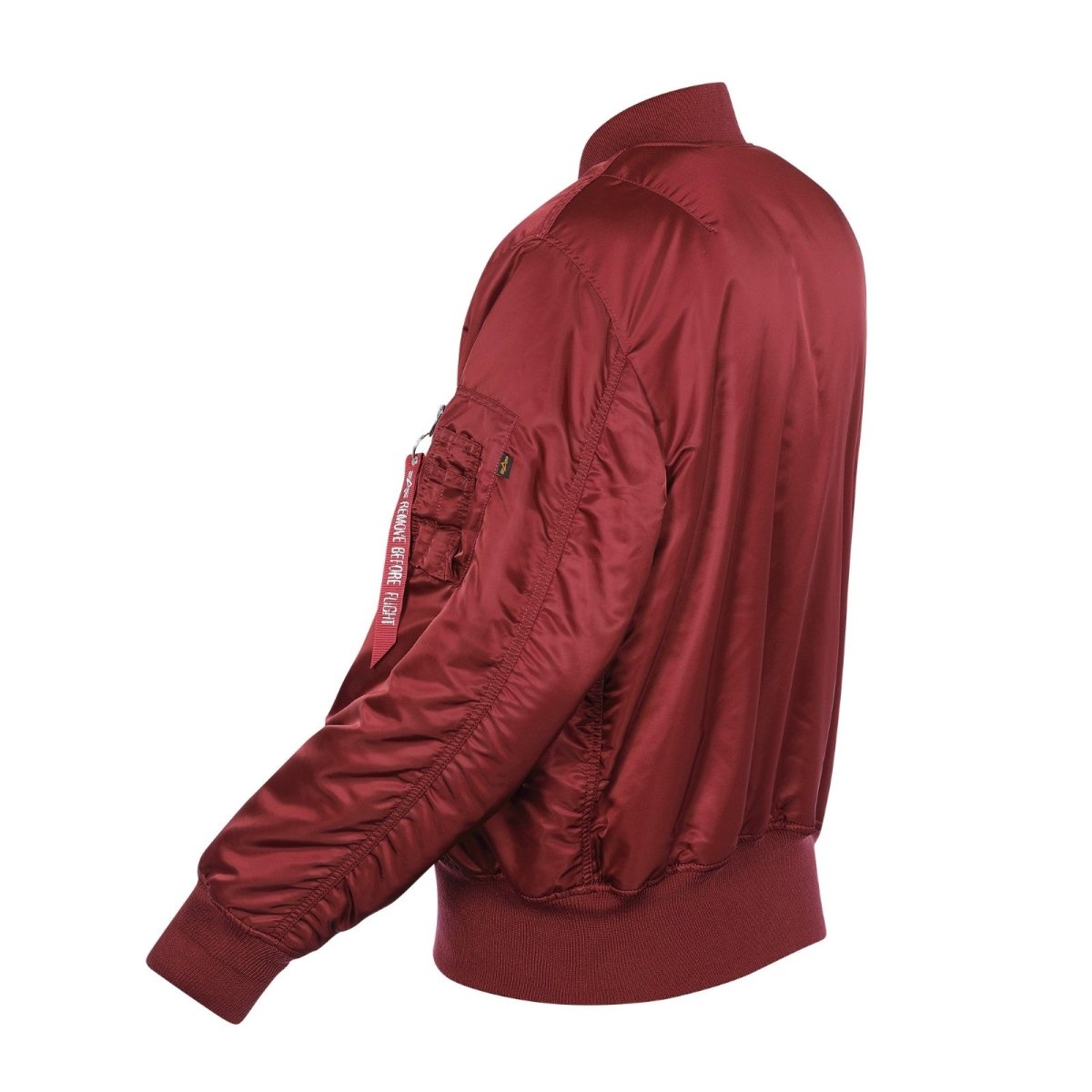 Unisex Alpha MA-1 Classic Jacket in dark cherry color, featuring a bomber style with ribbed cuffs and collar.