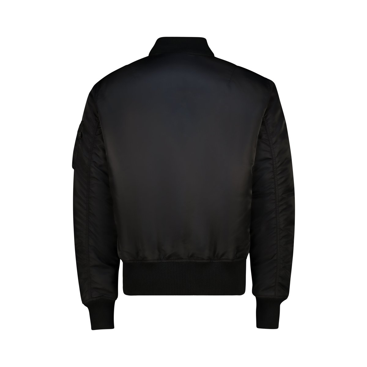 Unisex Alpha MA-1 D-Tec jacket in black and grey, featuring a sleek design, ribbed collar, and zippered pockets.
