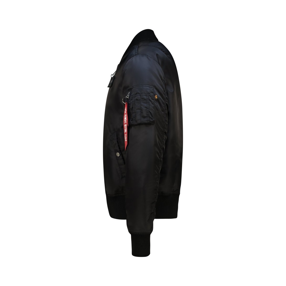 Unisex Alpha MA-1 D-Tec jacket in black and grey, featuring a sleek design with ribbed cuffs and collar.