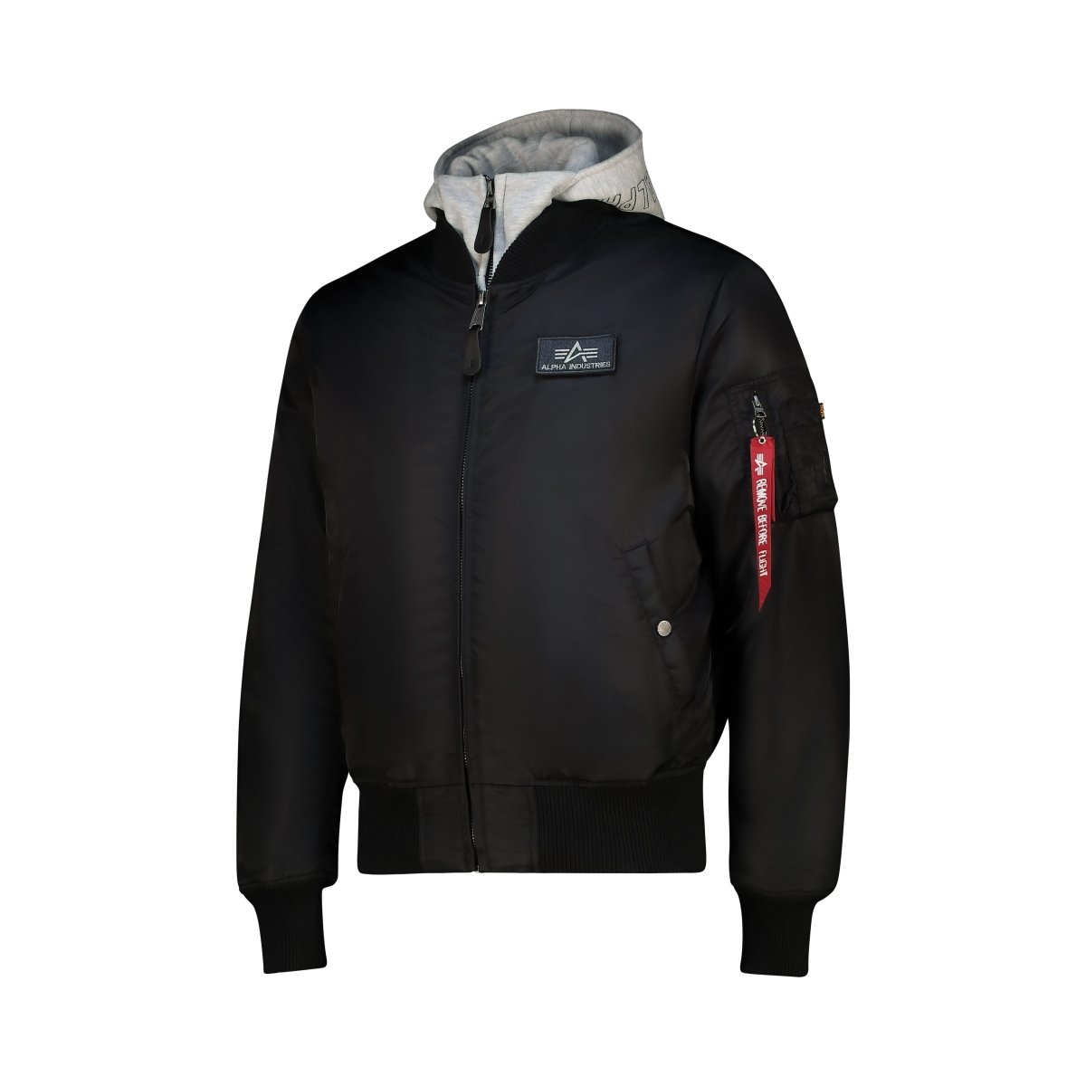 Alpha ALPHA MA-1 D-Tec unisex jacket in black and grey, featuring a classic bomber style with ribbed cuffs and collar.
