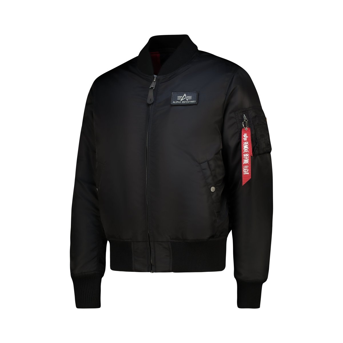 Unisex Alpha MA-1 D-Tec jacket in black and grey, featuring a sleek design with ribbed cuffs and front pockets.