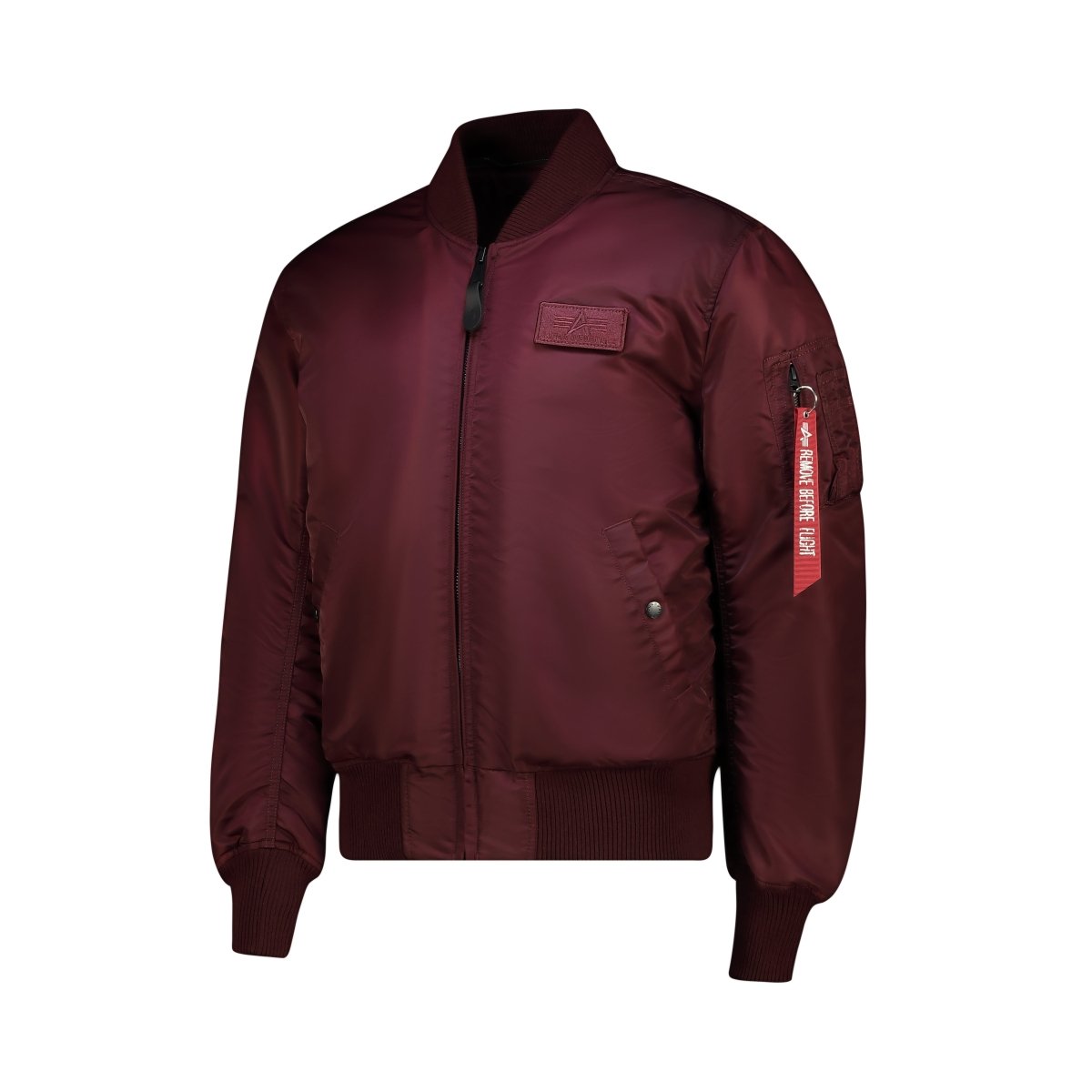 Unisex Alpha MA-1 DTEC jacket in dark cherry color with ribbed collar and cuffs, front zipper, and functional pockets.