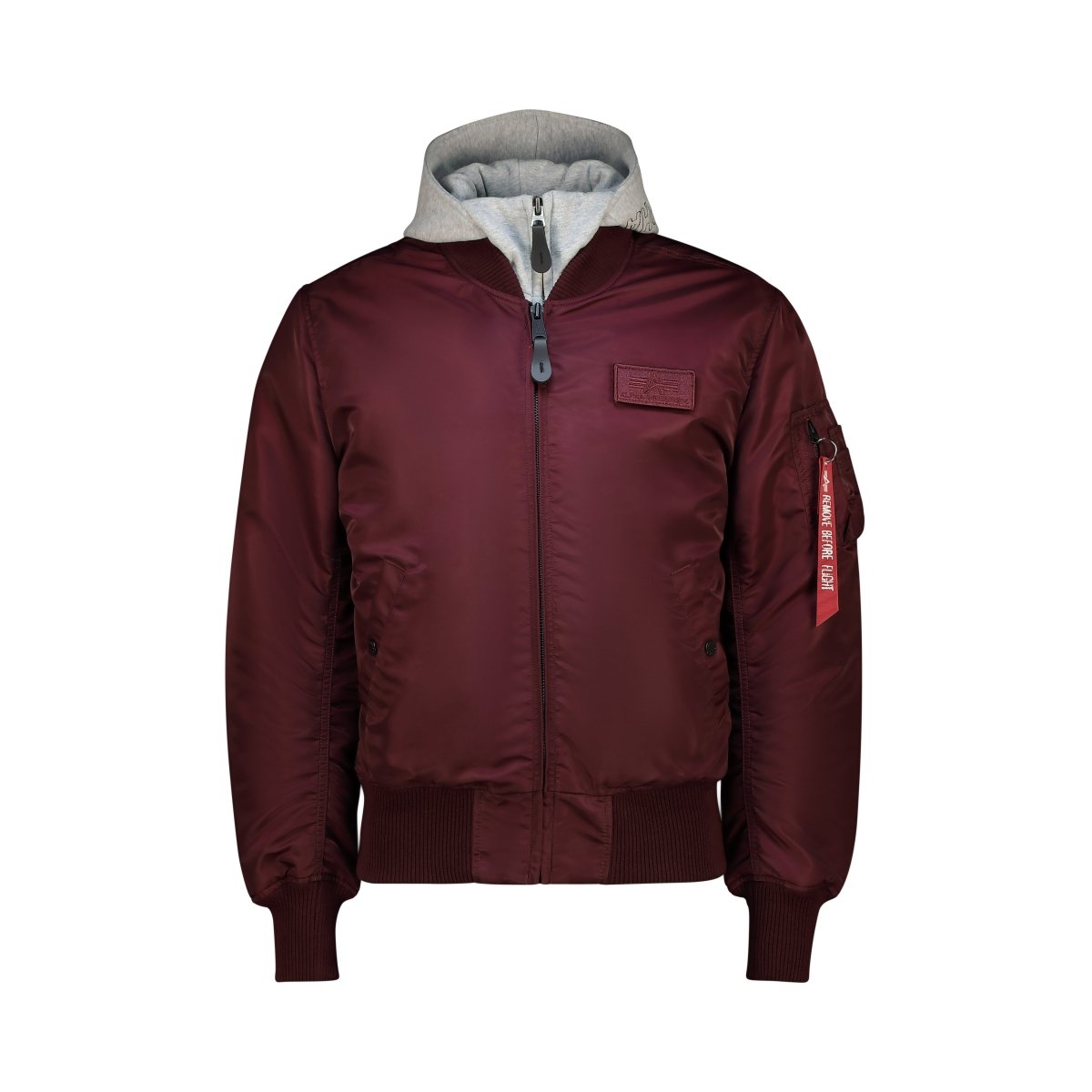 Unisex Alpha MA-1 DTEC jacket in dark cherry with ribbed cuffs and collar, featuring a sleek military-inspired design.