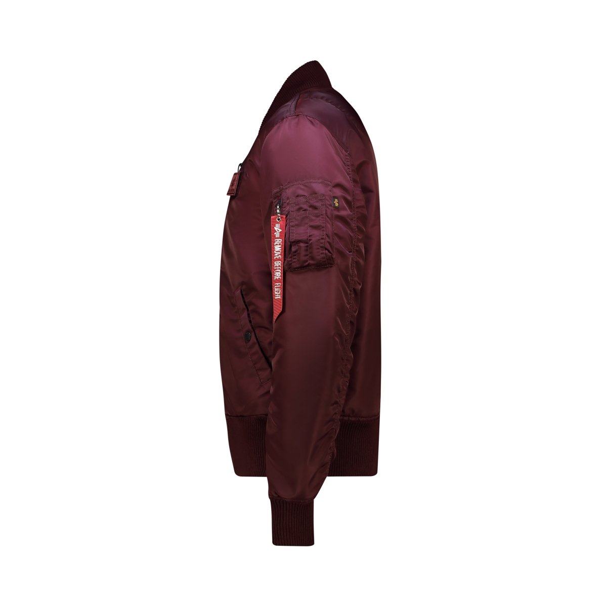 Unisex ALPHA MA-1 DTEC jacket in dark cherry color with a fitted collar and zippered front, stylish and warm outerwear.