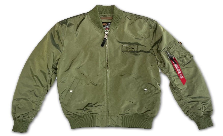 Unisex Alpha MA-1 TT Jacket in sage green, featuring a zip front, ribbed cuffs, and classic military-inspired design.