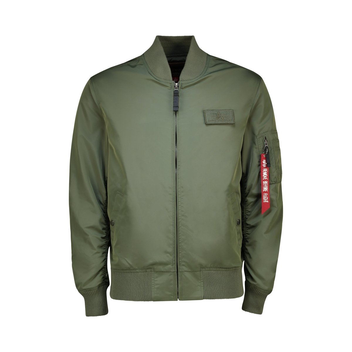 Unisex Alpha MA-1 TT Jacket in sage green, shown with front zipper, ribbed cuffs, and classic bomber style.
